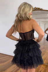 Black Homecoming Dress Corset Tiered A-Line Tulle Short Prom Dress